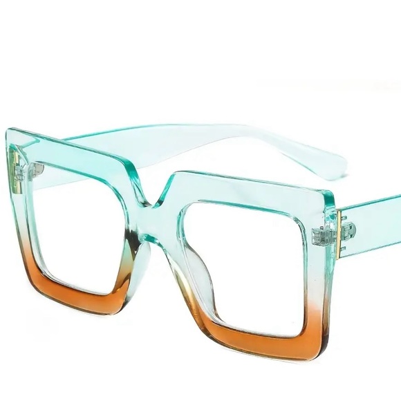 🏝️Turquoise & Brown Color Block Square Anti Blue Light Glasses w Cleaning Cloth - Picture 4 of 5